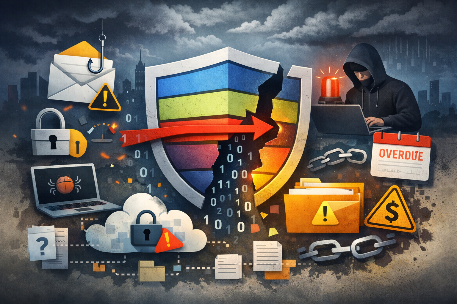 Cybersecurity gaps illustration showing missing security layers, business risk exposure, and incomplete IT protection