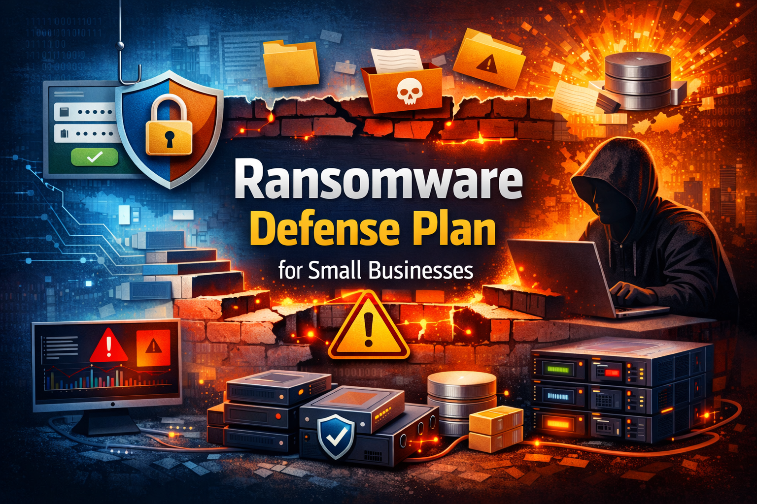 Ransomware defense plan illustration showing cyberattack risk, data breach warning, and secure backup protection for small businesses
