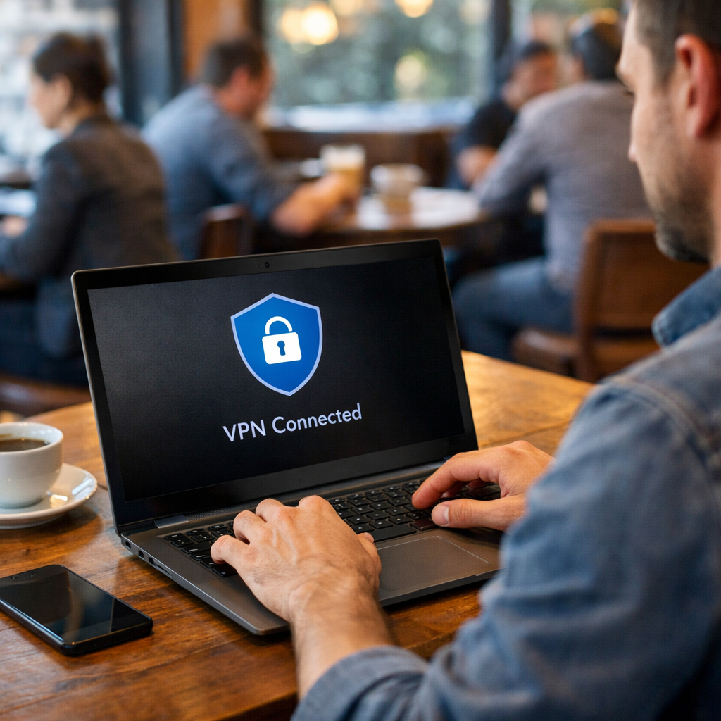 Remote employee using a VPN and privacy screen in a coffee shop to maintain public Wi-Fi security and protect company data while working outside the office.