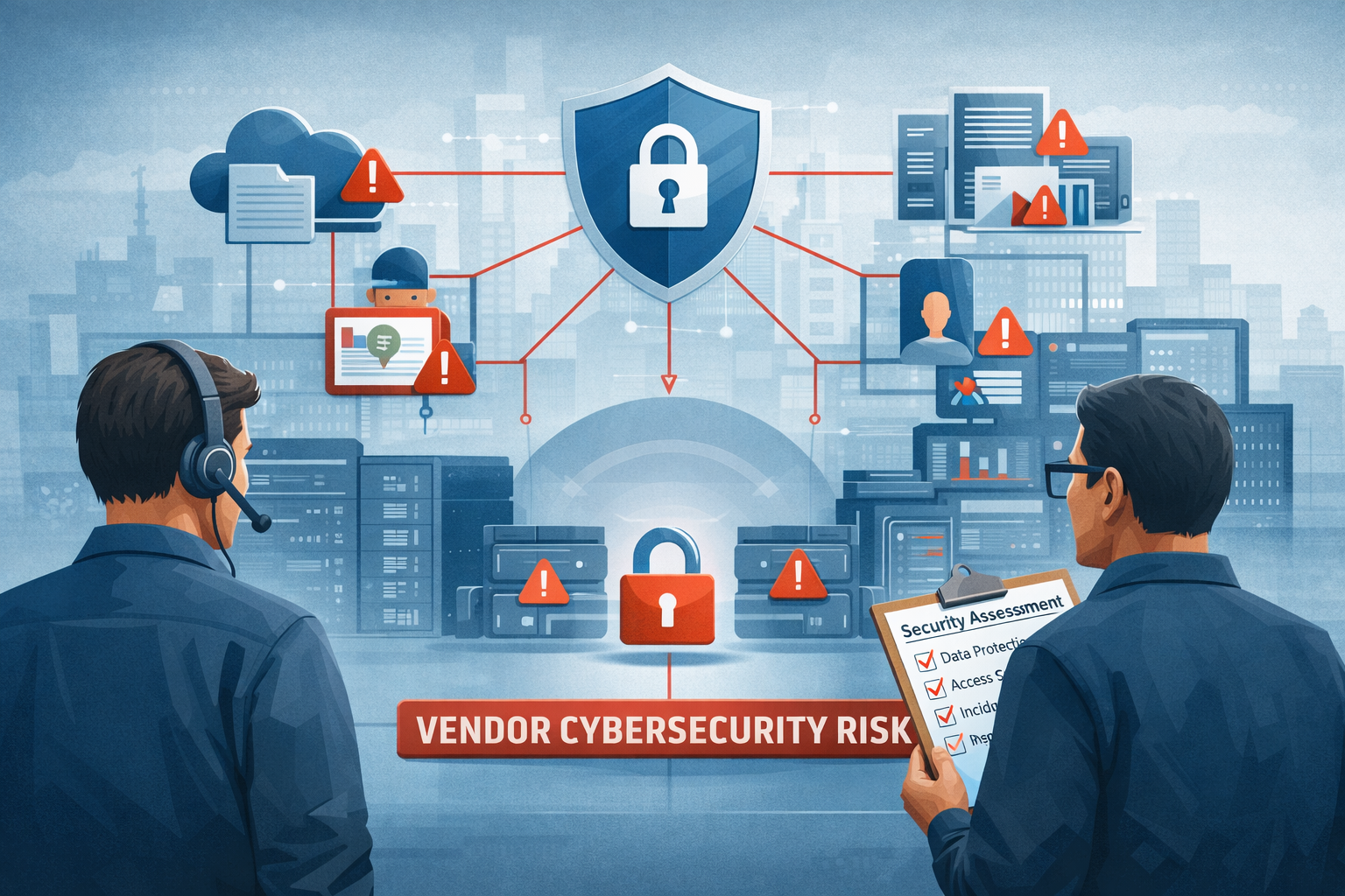 Vendor cybersecurity risk illustration showing third-party vendors connected to a business network with security warnings, highlighting supply chain cybersecurity threats.