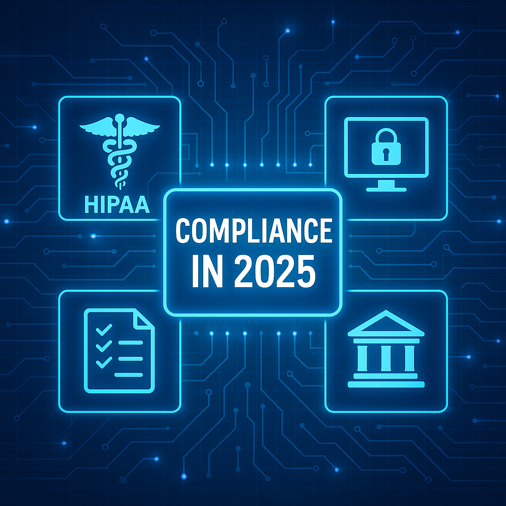 Futuristic digital illustration of IT compliance in 2025 with glowing icons for HIPAA, cybersecurity, documentation, and government regulations connected by circuit lines.