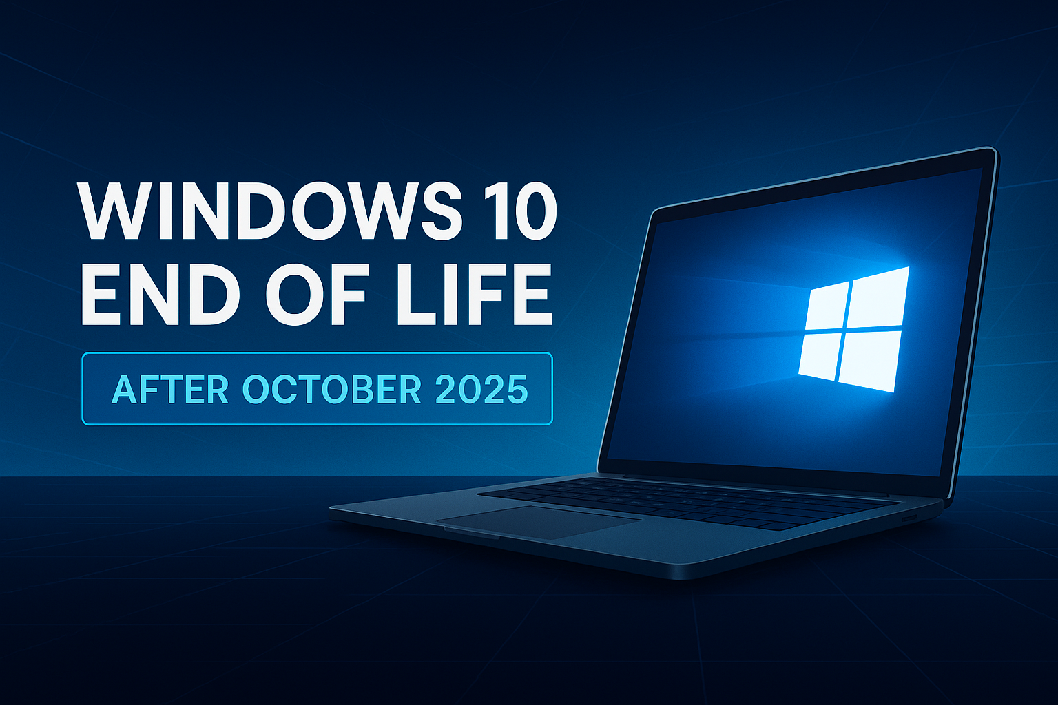 Futuristic illustration of a laptop displaying the Windows 10 logo with bold text announcing Windows 10 End of Life after October 2025, symbolizing the urgent need to upgrade to Windows 11 for security and compliance.