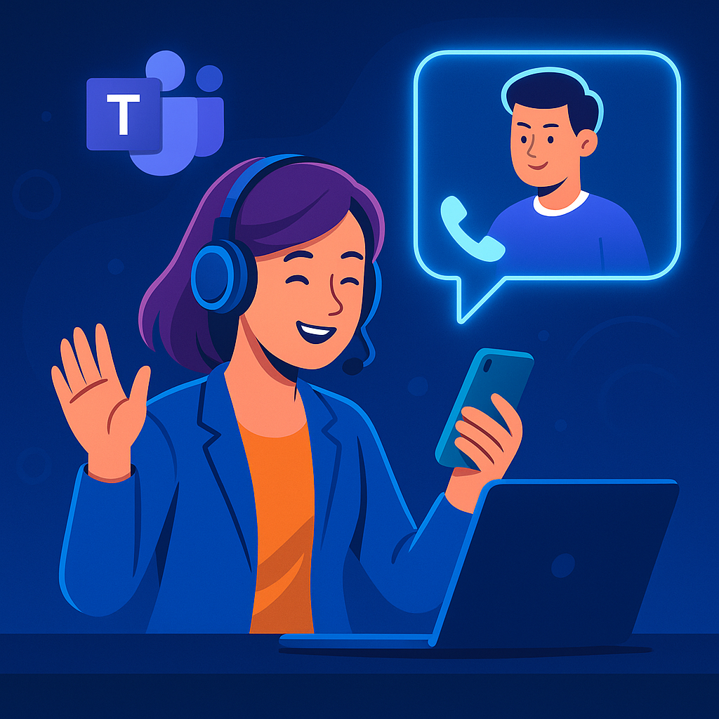Futuristic illustration of a professional using Microsoft Teams Voice on a headset and smartphone during a video call, symbolizing modern VoIP flexibility and collaboration