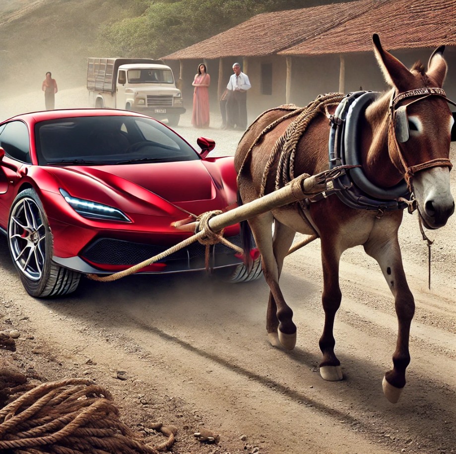 Sports car pulled by a mule