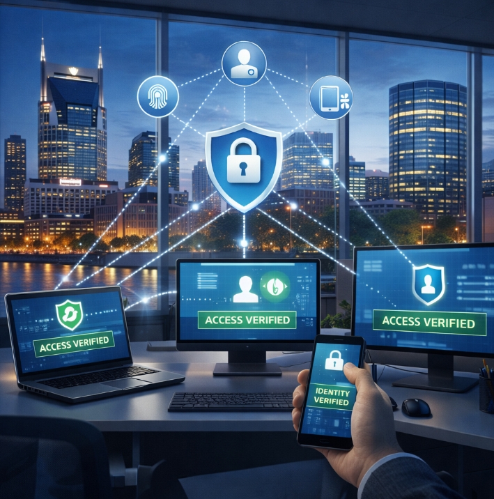 Zero trust security system verifying user identity and device access across a Nashville business network.