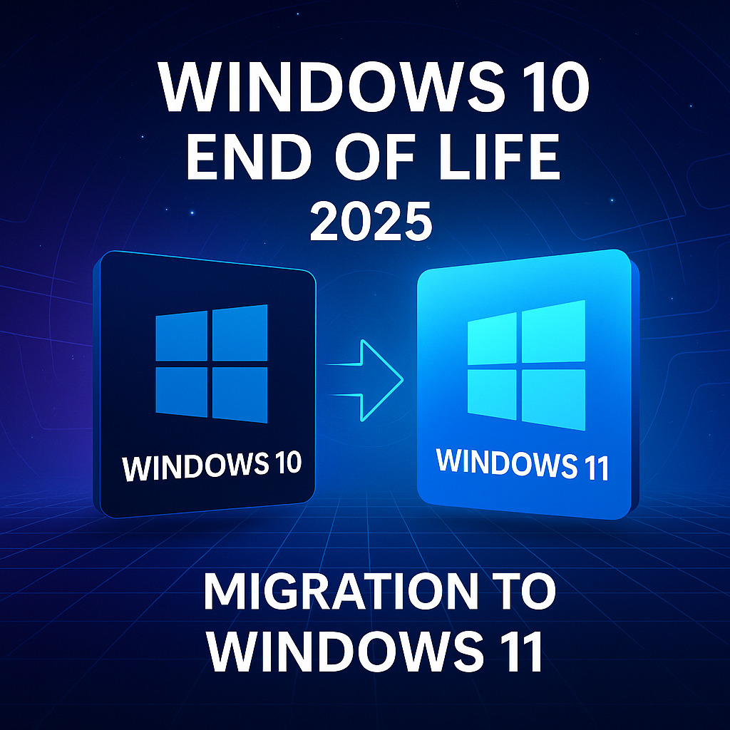 Windows 10 End of Life 2025 migration to Windows 11 with futuristic design and clear transition arrows