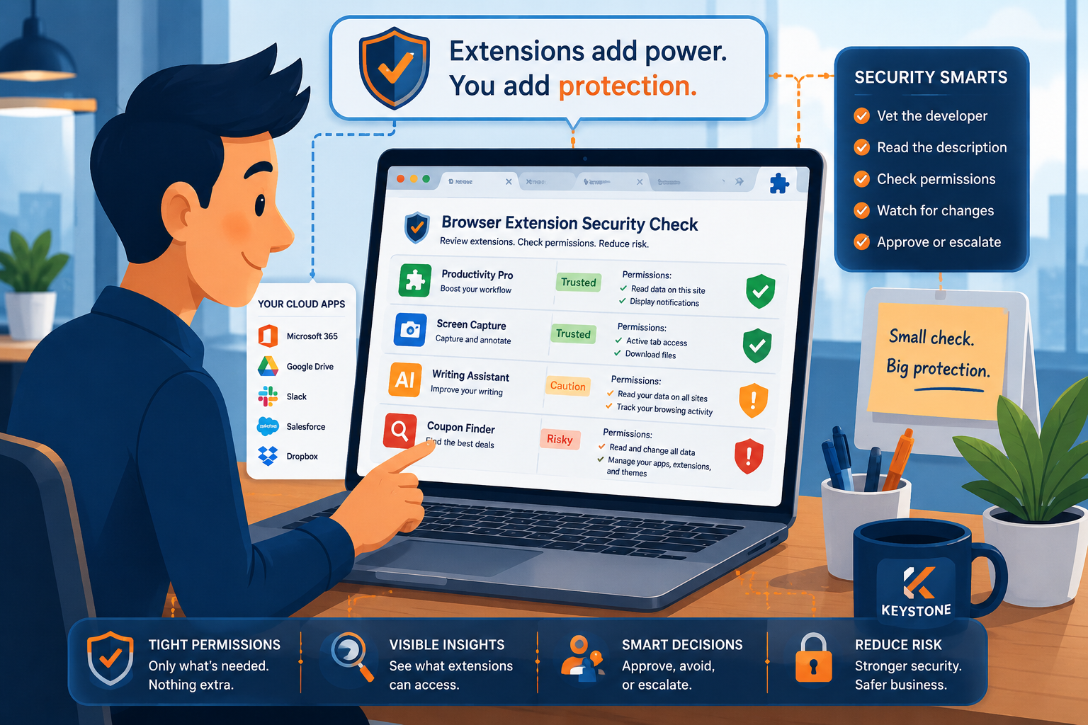 Stylized business character reviewing browser extension permissions to improve cybersecurity.