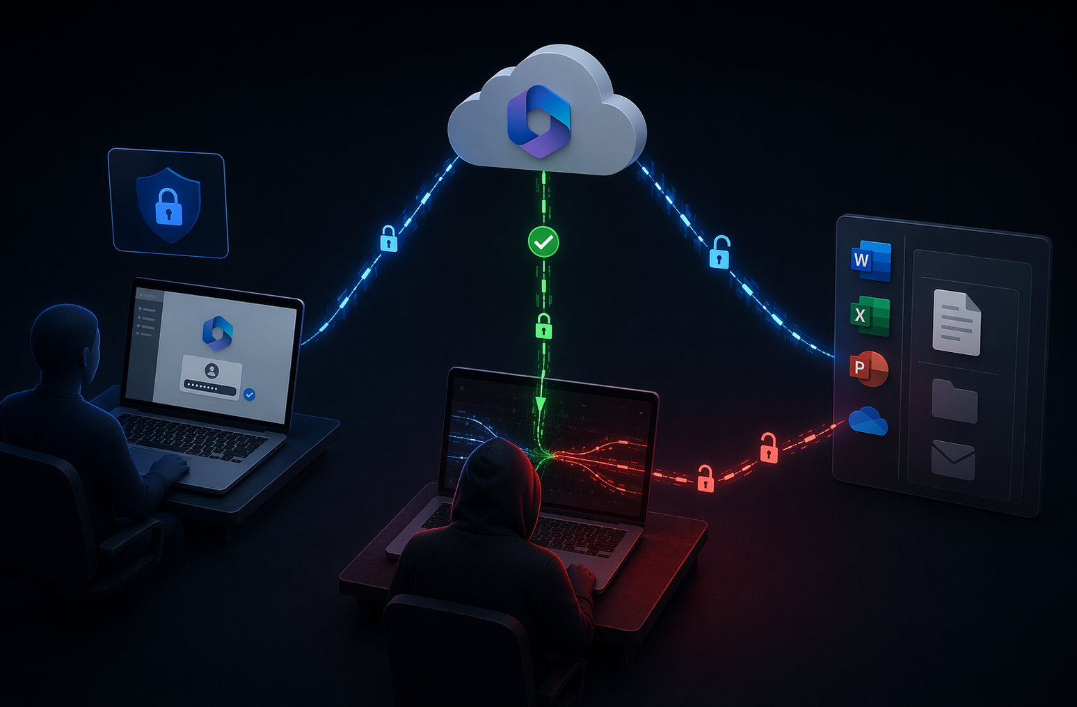 Man-in-the-middle cyberattack illustration showing a hacker intercepting a user’s Microsoft 365 login, capturing an authenticated session after MFA approval, with encrypted data streams split between a secure cloud connection and a compromised endpoint displaying Office apps.