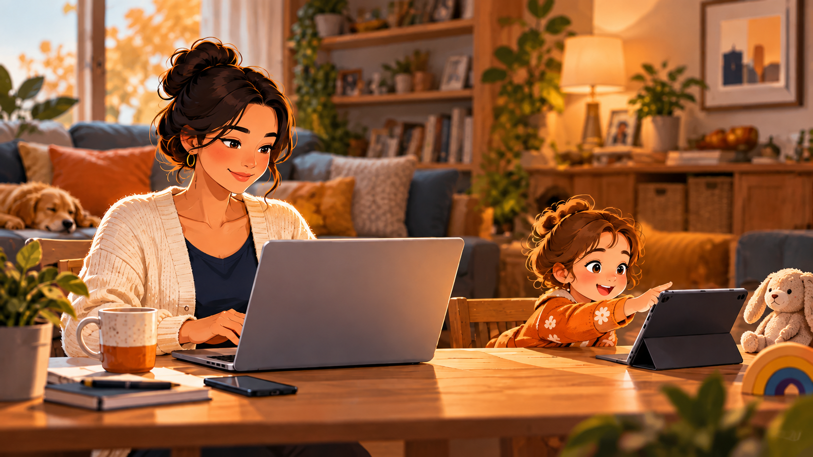 Mother working remotely on a laptop while her child uses a tablet at home, illustrating why a BYOD policy for small businesses is important.
